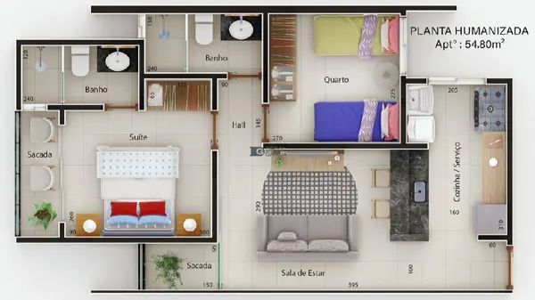 Apartamento 2 quartos 2 banheiros 62m²