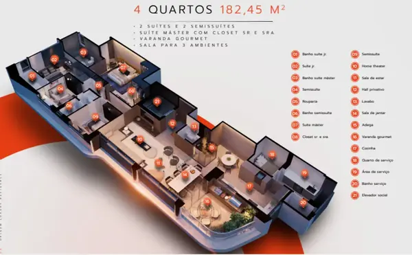 Apartamento 4 quartos 4 banheiros 182m²