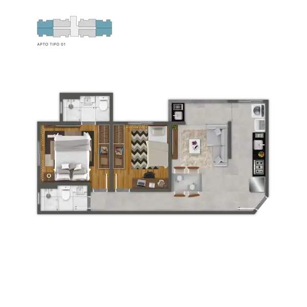 Apartamento 2 quartos 2 banheiros 54m²