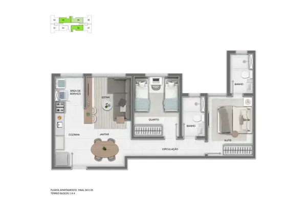 Apartamento 2 quartos 2 banheiros 49m²