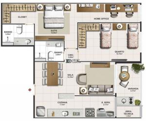 Apartamento 3 quartos 2 banheiros 104m²