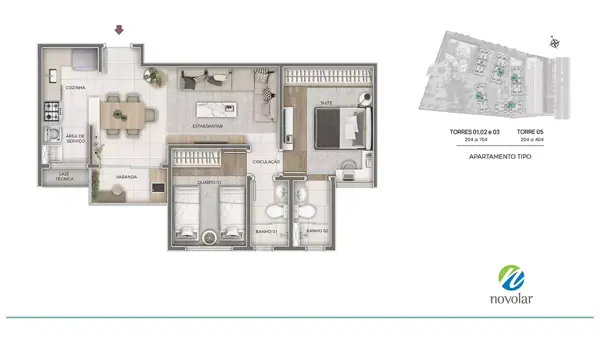 Apartamento 3 quartos 2 banheiros 73m²