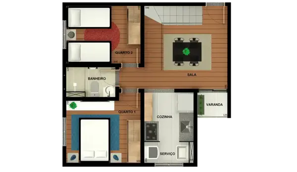 Apartamento 2 quartos 2 banheiros 45m²
