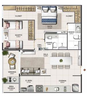 Apartamento 3 quartos 2 banheiros 104m²