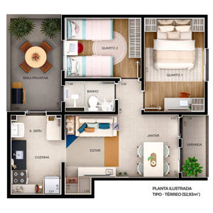 Apartamento 2 quartos 1 banheiro 45m²