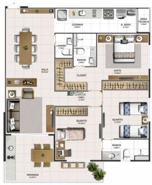 Apartamento 3 quartos 2 banheiros 104m²
