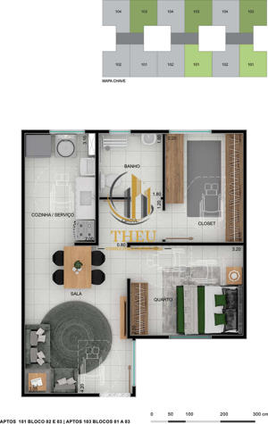 Apartamento 2 quartos 1 banheiro 100m²