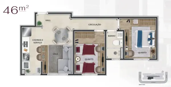 Apartamento 2 quartos 1 banheiro 46m²