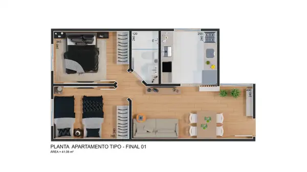 Apartamento 2 quartos 1 banheiro 45m²