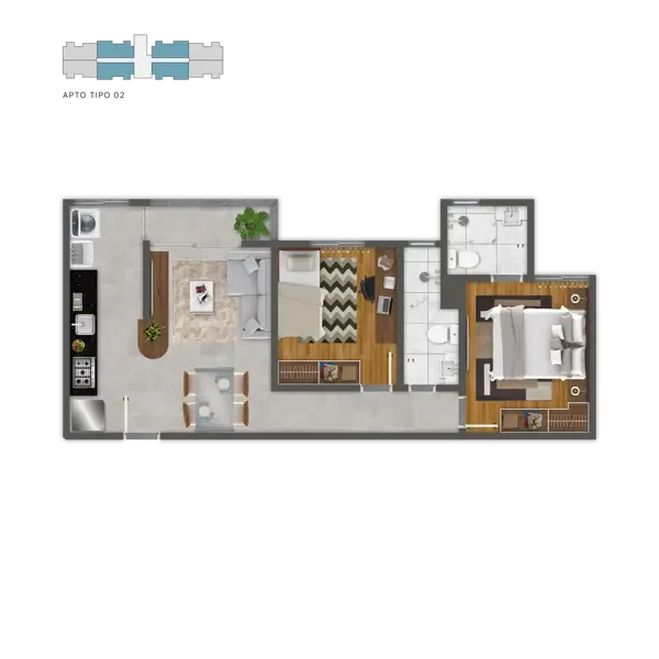 Apartamento 2 quartos 2 banheiros 54m²