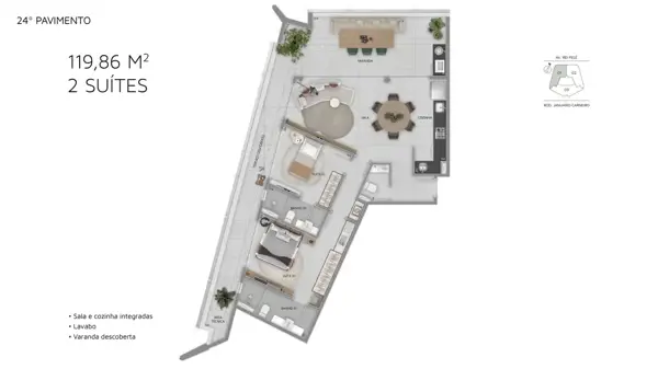 Apartamento 2 quartos 2 banheiros 120m²